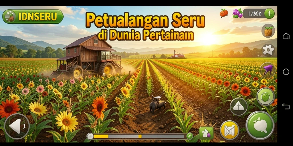Tampilan gameplay <strong>IDNSERU</strong> yang menampilkan keseruan bertani dan merawat hewan.