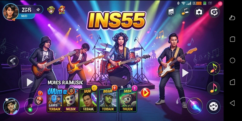 Tampilan gameplay INS55 dengan berbagai pilihan lagu musik.