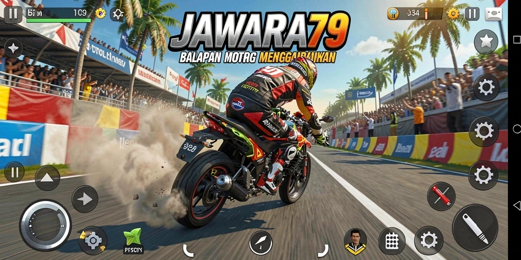 Screenshot gameplay JAWARA79 menunjukkan aksi balapan motor yang cepat dan mendebarkan.