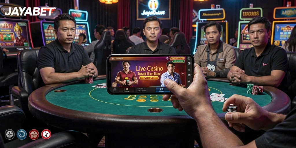 Screenshot gameplay JAYABET yang menunjukkan dealer langsung dan permainan yang seru.