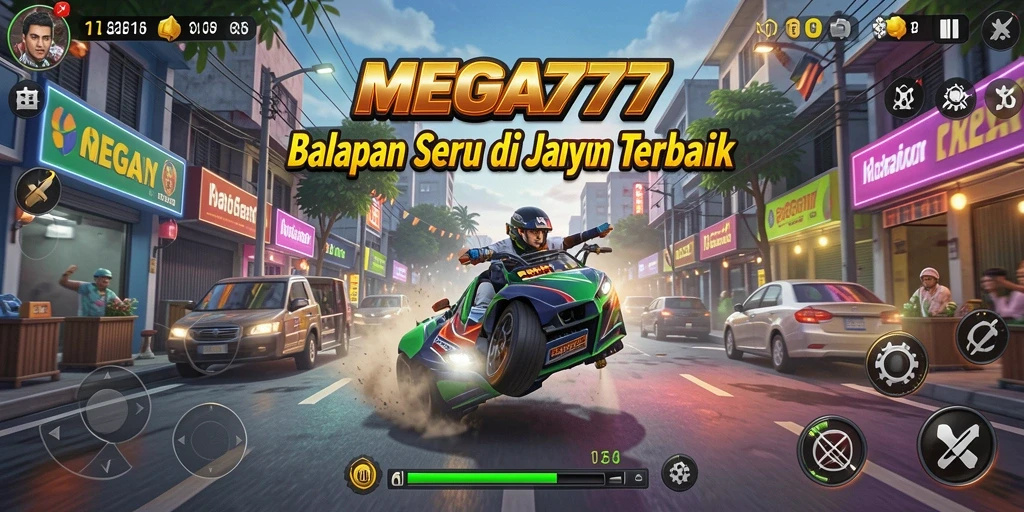 Gameplay seru dengan mobil balap melaju cepat di lintasan menantang.