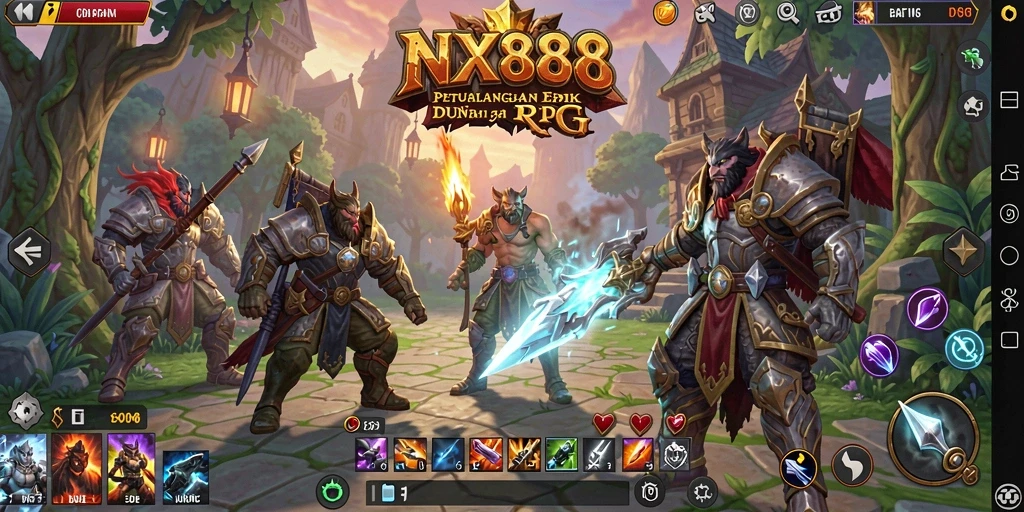Tangkapan layar utama gameplay NX888 menampilkan pertarungan epik dalam dunia RPG.