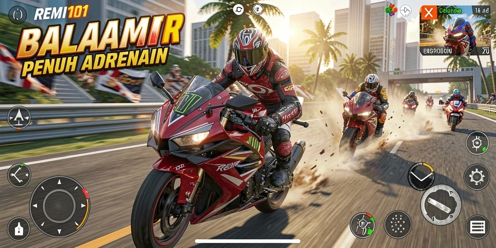 Screenshot gameplay REMI101 menunjukkan aksi balapan motor yang mendebarkan.